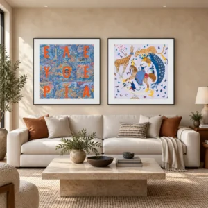 Framed Scarf Print Set of 2 with Letters and Animals in blue — front view