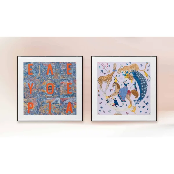 Framed Scarf Print Set of 2 with Letters and Animals in blue — in a room setting