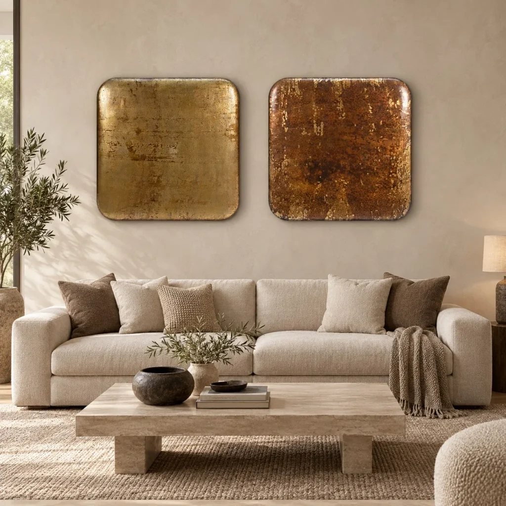Glazed Gold and Amber Slab Set of 2, 90 x 90 cm Each in brushed brass — front view