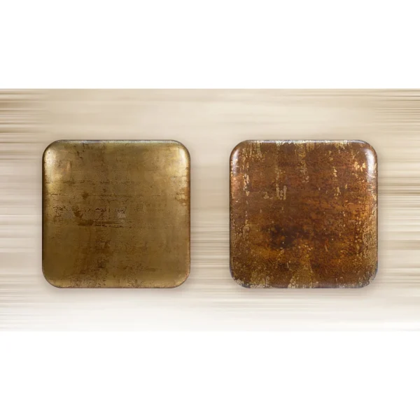 Glazed Gold and Amber Slab Set of 2, 90 x 90 cm Each in brushed brass — in a room setting