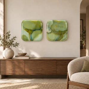 Glazed Ink Tile Set of 2 in Sage and Olive, 30 x 30 cm Each — front view