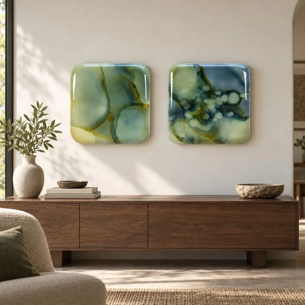 Glazed Ink Tile Set of 2 in Sage and Blue, 30 x 30 cm Each — front view