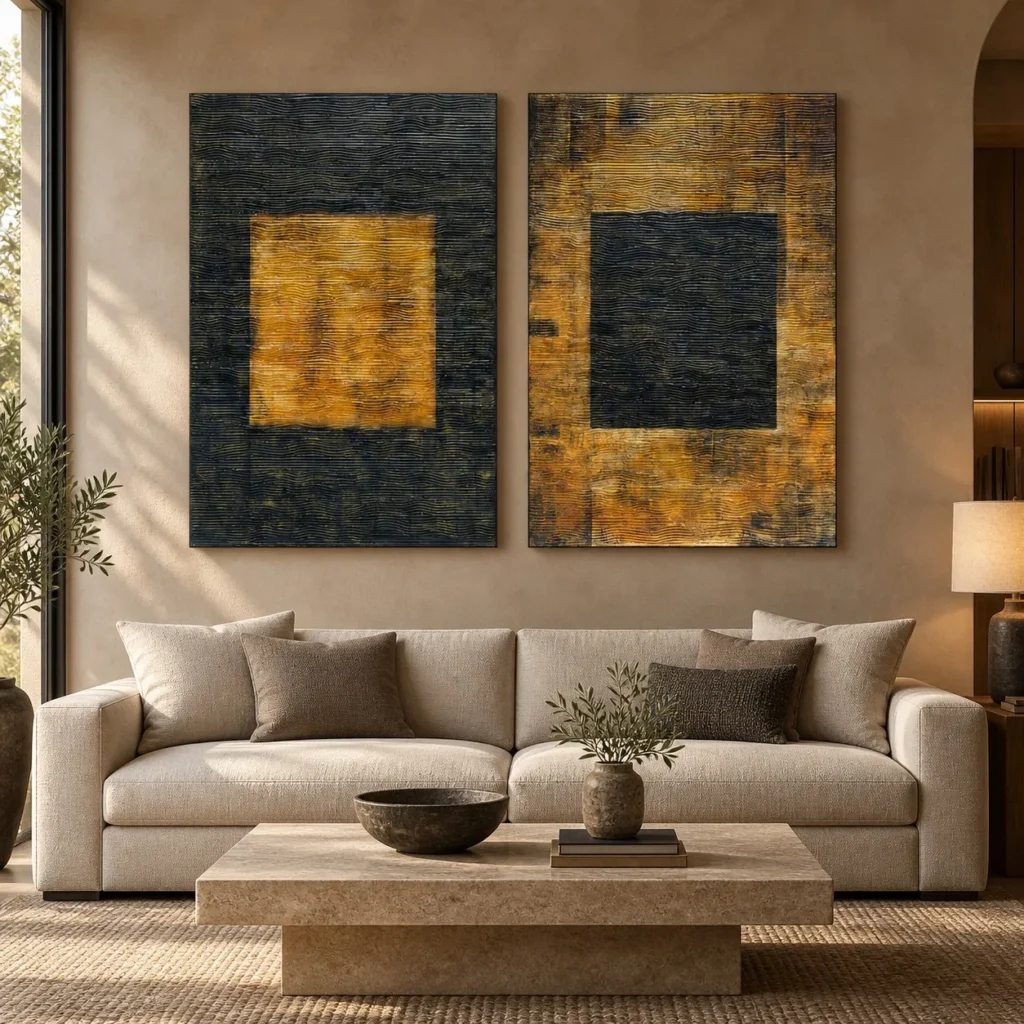Gold Square on Navy Painting Set of 2, 100 x 150 cm Overall in brushed brass — front view