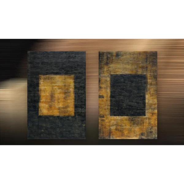 Gold Square on Navy Painting Set of 2, 100 x 150 cm Overall in brushed brass — in a room setting