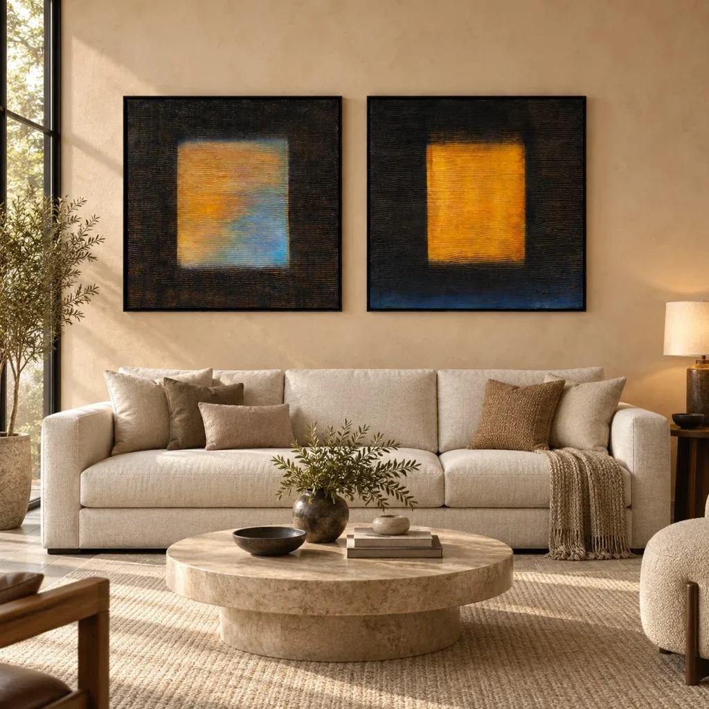 Glowing Square on Black Painting Set of 2, 100 x 100 cm Each in black — front view