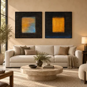 Glowing Square on Black Painting Set of 2, 100 x 100 cm Each in black — front view