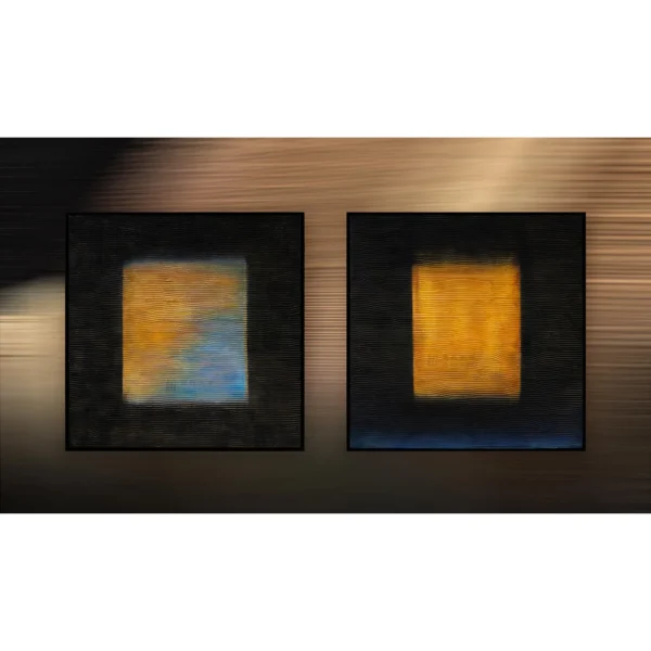 Glowing Square on Black Painting Set of 2, 100 x 100 cm Each in black — in a room setting