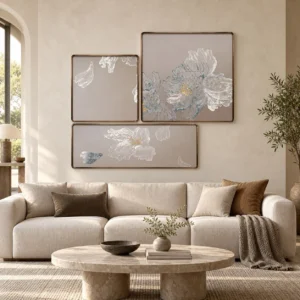 White Peony Line Relief Set of 3 in sand — front view