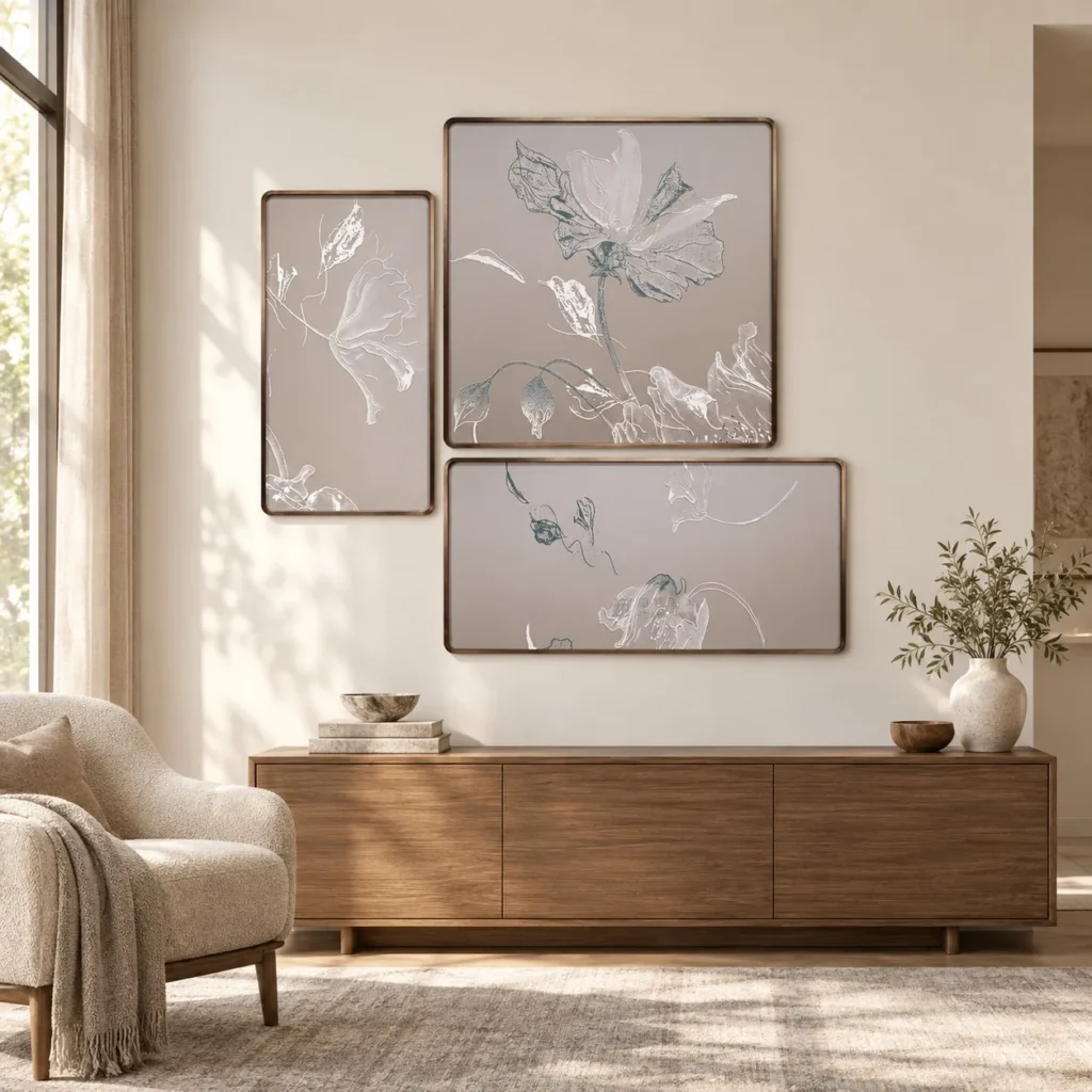 White Flower Line Relief Set of 3 in sand — front view