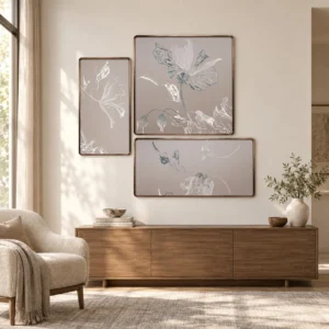 White Flower Line Relief Set of 3 in sand — front view