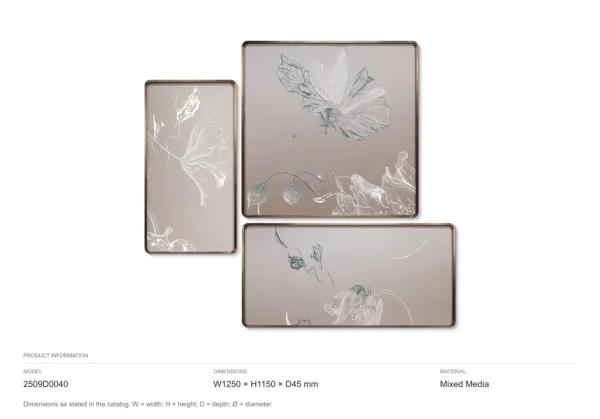 White Flower Line Relief Set of 3 in sand — dimensions