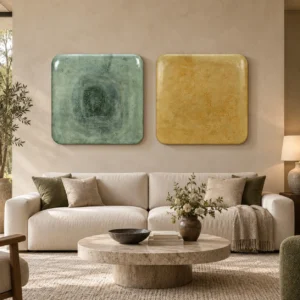 Glazed Slab Set of 2 in Sage and Mustard, 100 x 100 cm Each — front view