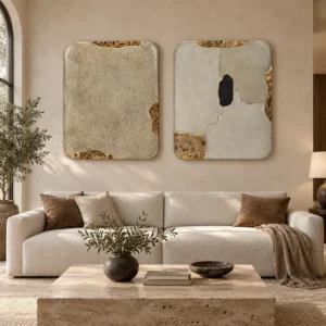 Cream Stone Slab Set of 2 with Gold Veins, 100 x 120 cm Each in oatmeal — front view