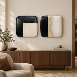 Black and Cream Glazed Tile Pair, 35 x 35 cm Each in black — front view