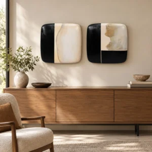 Black and Cream Glazed Tile Pair, Second, 35 x 35 cm Each in black — front view