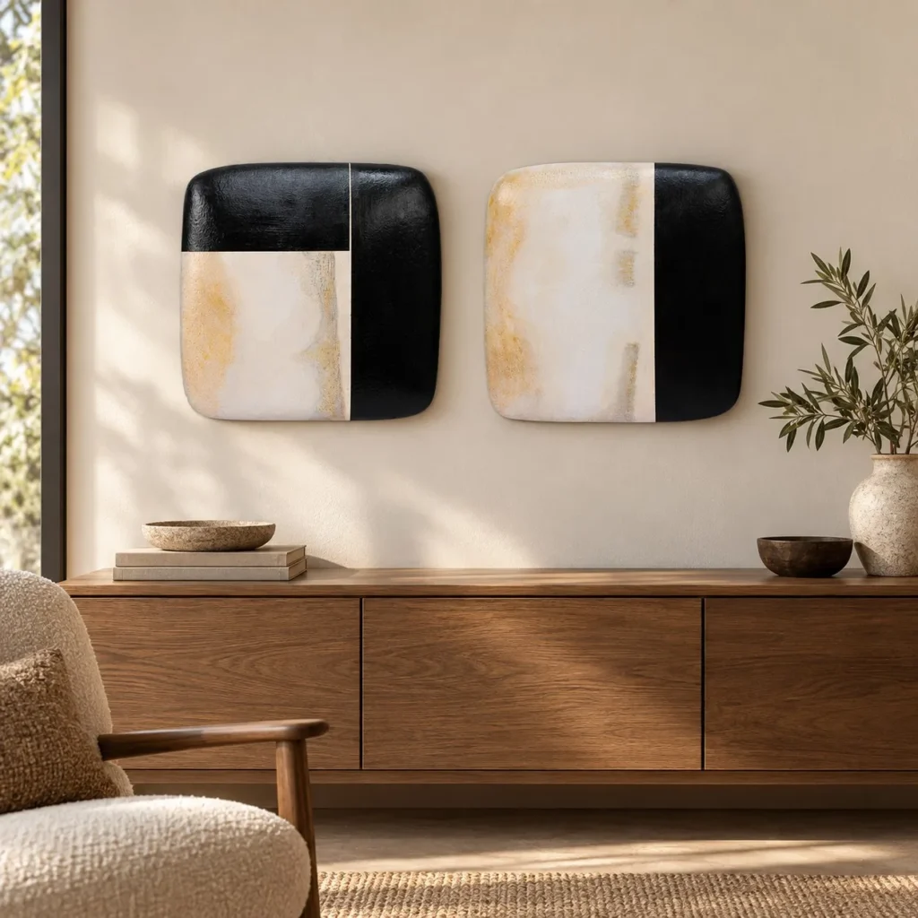 Black and Cream Glazed Tile Pair, Third, 35 x 35 cm Each in black — front view