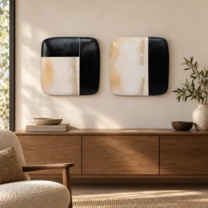 Black and Cream Glazed Tile Pair, Third, 35 x 35 cm Each in black — front view