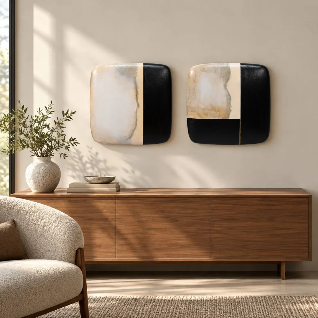 Black and Cream Glazed Tile Pair, Fourth, 35 x 35 cm Each in black — front view