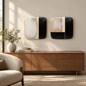 Black and Cream Glazed Tile Pair, Fourth, 35 x 35 cm Each in black — front view