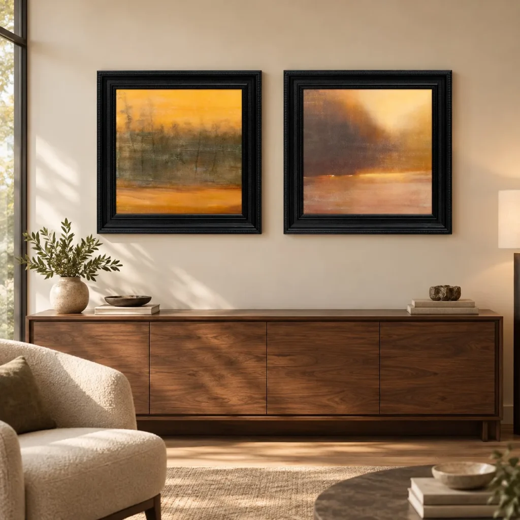 Golden Landscape Painting Set of 2 in brushed brass — front view