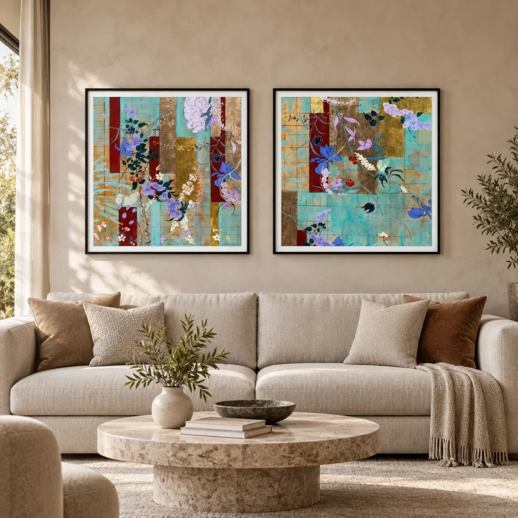 Teal Tile Collage Set of 2 in Black Frames, 70 x 70 cm Each — front view