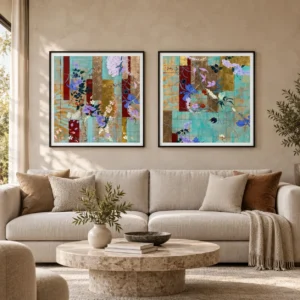 Teal Tile Collage Set of 2 in Black Frames, 70 x 70 cm Each — front view