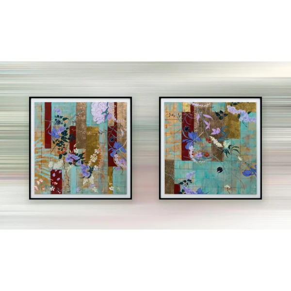 Teal Tile Collage Set of 2 in Black Frames, 70 x 70 cm Each — in a room setting