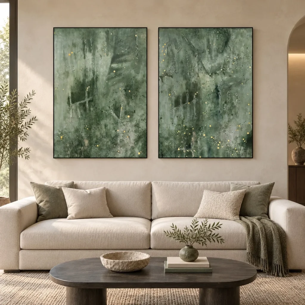 Green Fern Wash Painting Set of 2, 100 x 140 cm Each in olive — front view