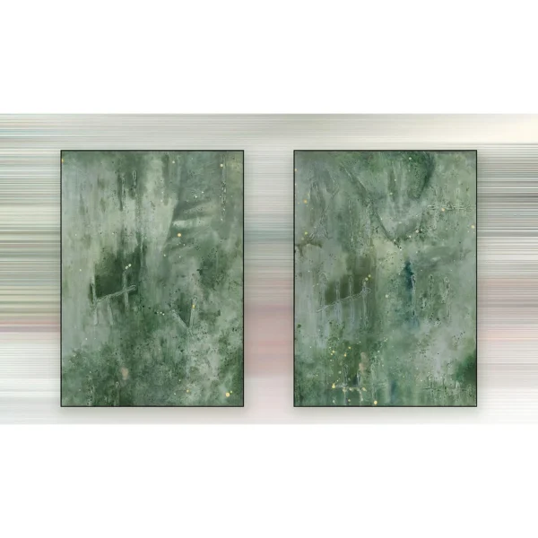 Green Fern Wash Painting Set of 2, 100 x 140 cm Each in olive — in a room setting