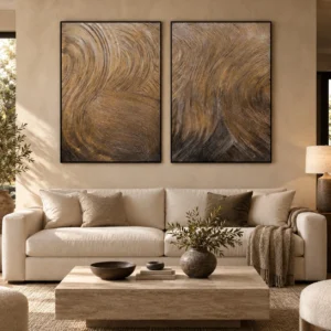 Bronze Swirl Painting Set of 2, 100 x 140 cm Each in bronze — front view
