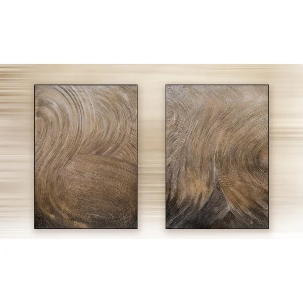 Bronze Swirl Painting Set of 2, 100 x 140 cm Each in bronze — in a room setting