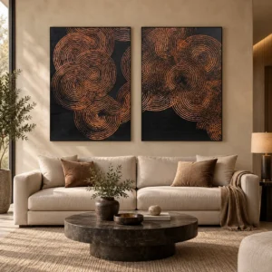 Copper Spiral Relief Set of 2 on Black, 100 x 140 cm Each in bronze — front view