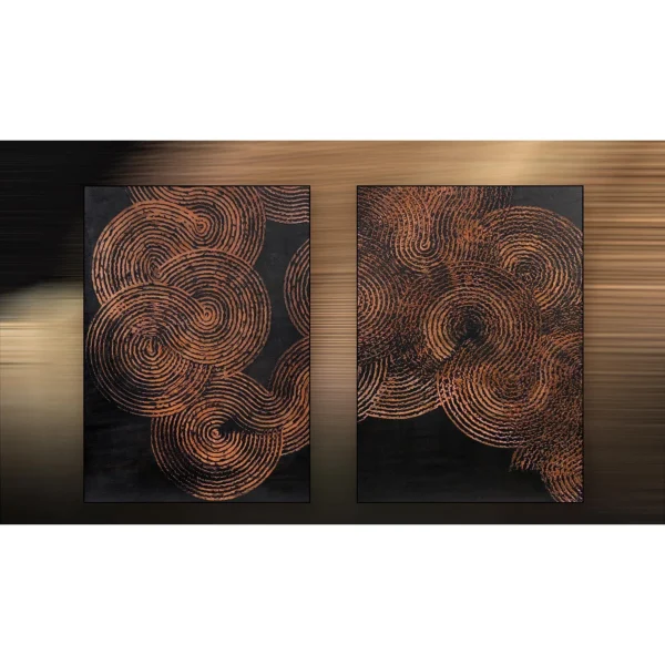 Copper Spiral Relief Set of 2 on Black, 100 x 140 cm Each in bronze — in a room setting