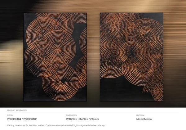 Copper Spiral Relief Set of 2 on Black, 100 x 140 cm Each in bronze — dimensions