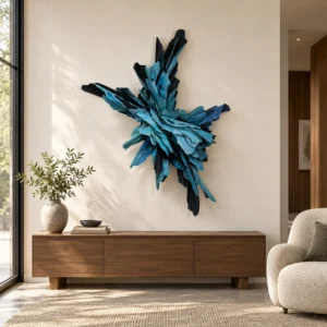 Feather Burst Wall Sculpture in Teal and Navy, 120 x 150 cm — front view