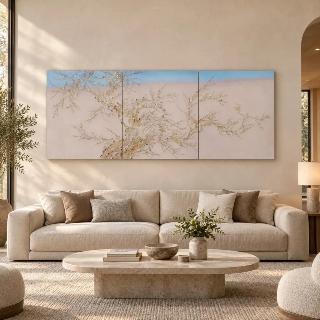 Blossom Branch on Blush Sky Triptych, 255 x 100 cm Overall in rose stone — front view