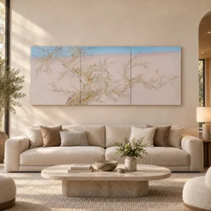Blossom Branch on Blush Sky Triptych, 255 x 100 cm Overall in rose stone — front view