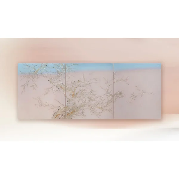 Blossom Branch on Blush Sky Triptych, 255 x 100 cm Overall in rose stone — in a room setting