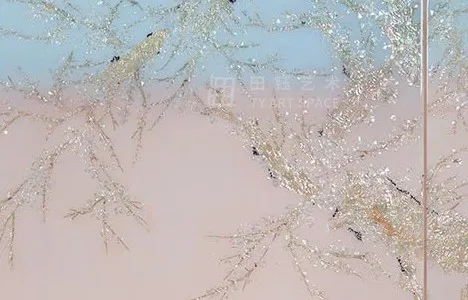 Blossom Branch on Blush Sky Triptych, 255 x 100 cm Overall in rose stone — detail