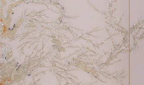 Blossom Branch on Blush Sky Triptych, 255 x 100 cm Overall in rose stone — detail