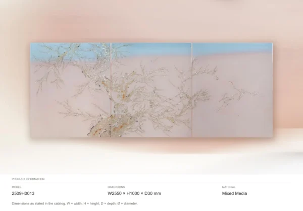 Blossom Branch on Blush Sky Triptych, 255 x 100 cm Overall in rose stone — dimensions