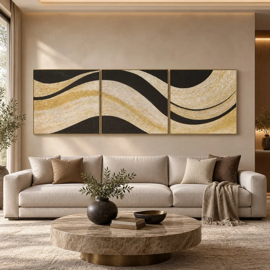 Gold and Black Wave Triptych, 220 x 70 cm Overall in brushed brass — front view