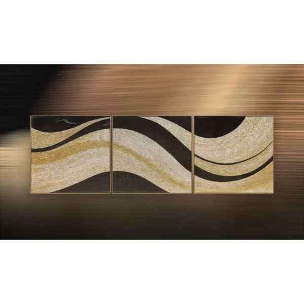 Gold and Black Wave Triptych, 220 x 70 cm Overall in brushed brass — in a room setting