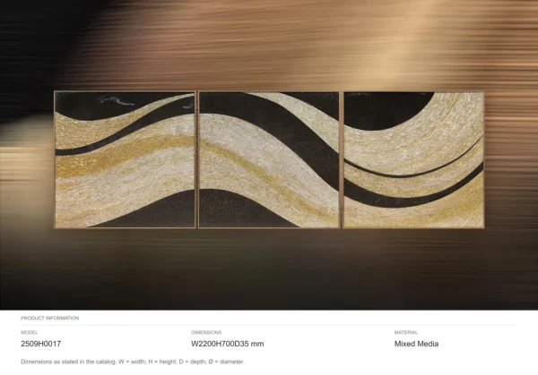 Gold and Black Wave Triptych, 220 x 70 cm Overall in brushed brass — dimensions