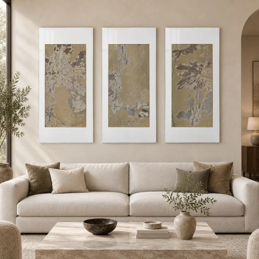 Gold and Grey Mineral Fragment Triptych, 70 x 150 cm Each in brushed brass — front view
