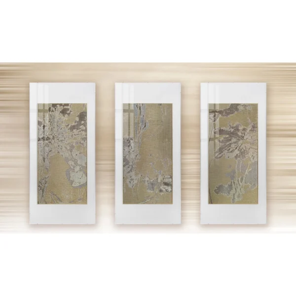Gold and Grey Mineral Fragment Triptych, 70 x 150 cm Each in brushed brass — in a room setting