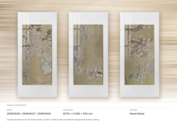 Gold and Grey Mineral Fragment Triptych, 70 x 150 cm Each in brushed brass — dimensions