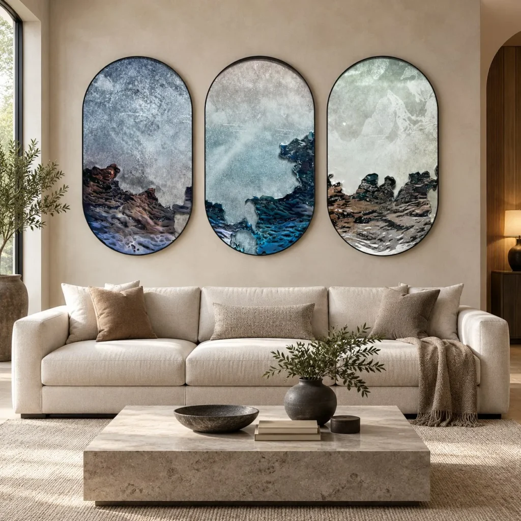 Oval Storm Sea Triptych, 85 x 150 cm Each in blue — front view