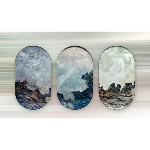 Oval Storm Sea Triptych, 85 x 150 cm Each in blue — in a room setting