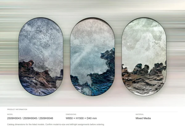 Oval Storm Sea Triptych, 85 x 150 cm Each in blue — dimensions